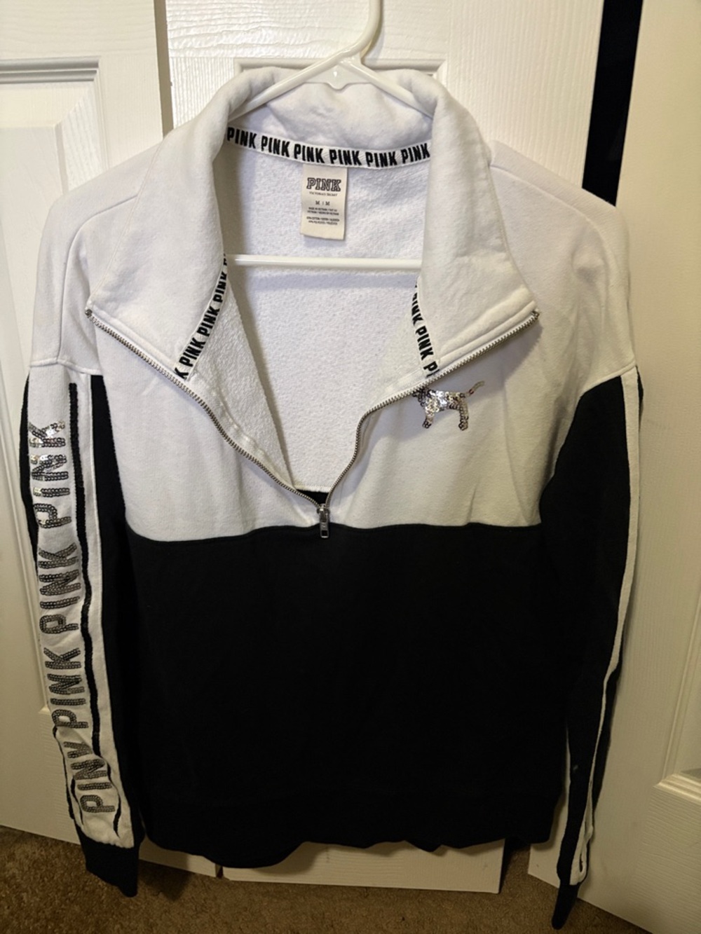 Victoria's Secret PINK White and Black Half-Zip Pullover Sweater